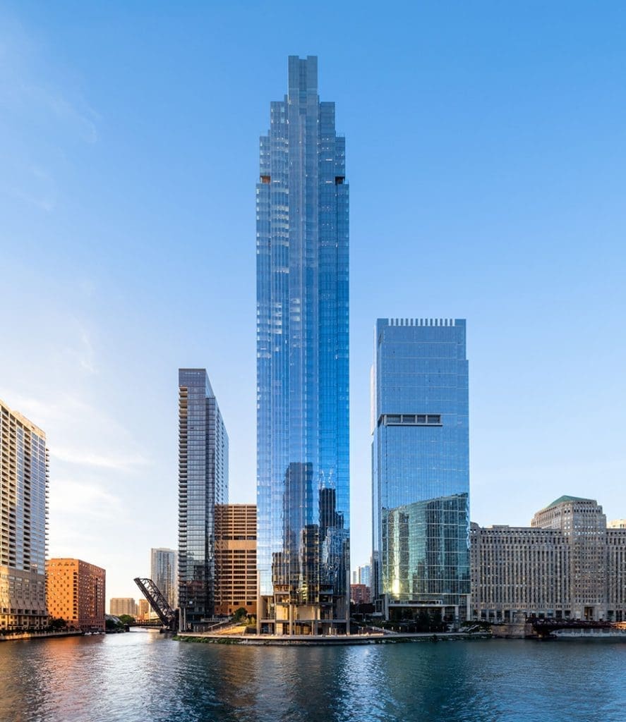 Zoomed out shot Sales Force Tower in Chicago showing the entirety of the glass curtainwall façade, designed and engineered by Childress