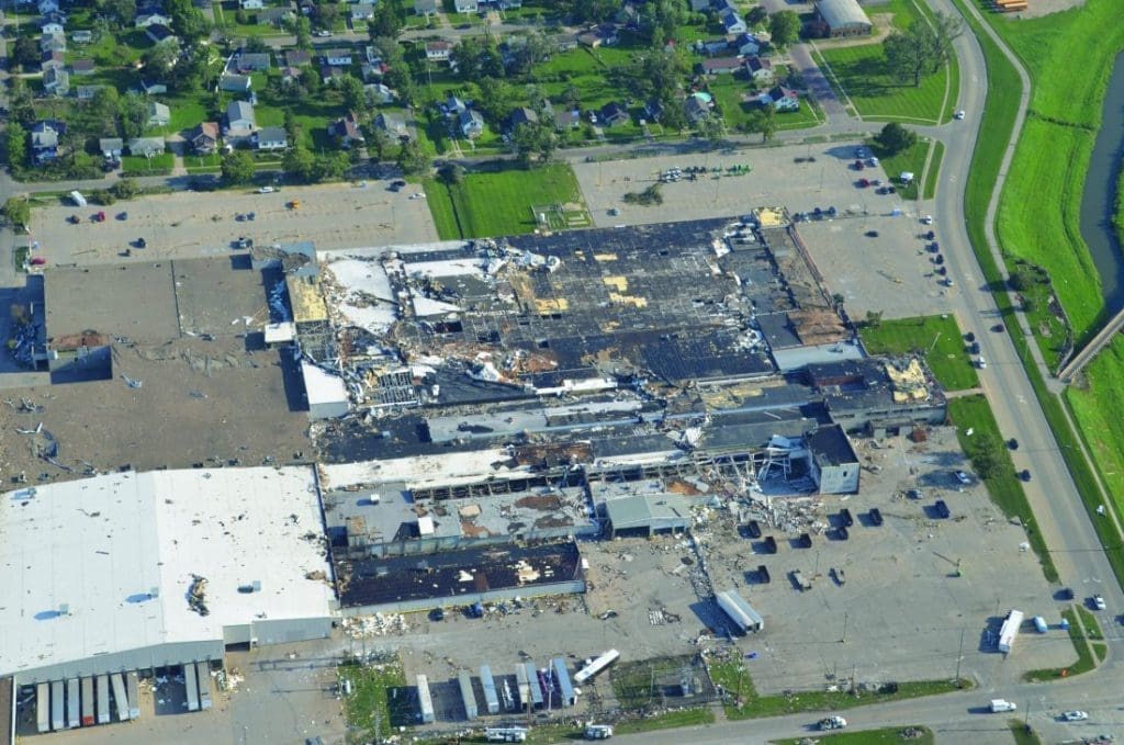 Lennox in Marshaltown, IA, after tornado damage during 2018, overview shot to assess damage