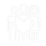 Three simplified human figures stand behind a large heart shape, featuring an outline of a head wearing headphones—symbolizing unity and support, much like teamwork in emergency disaster response.