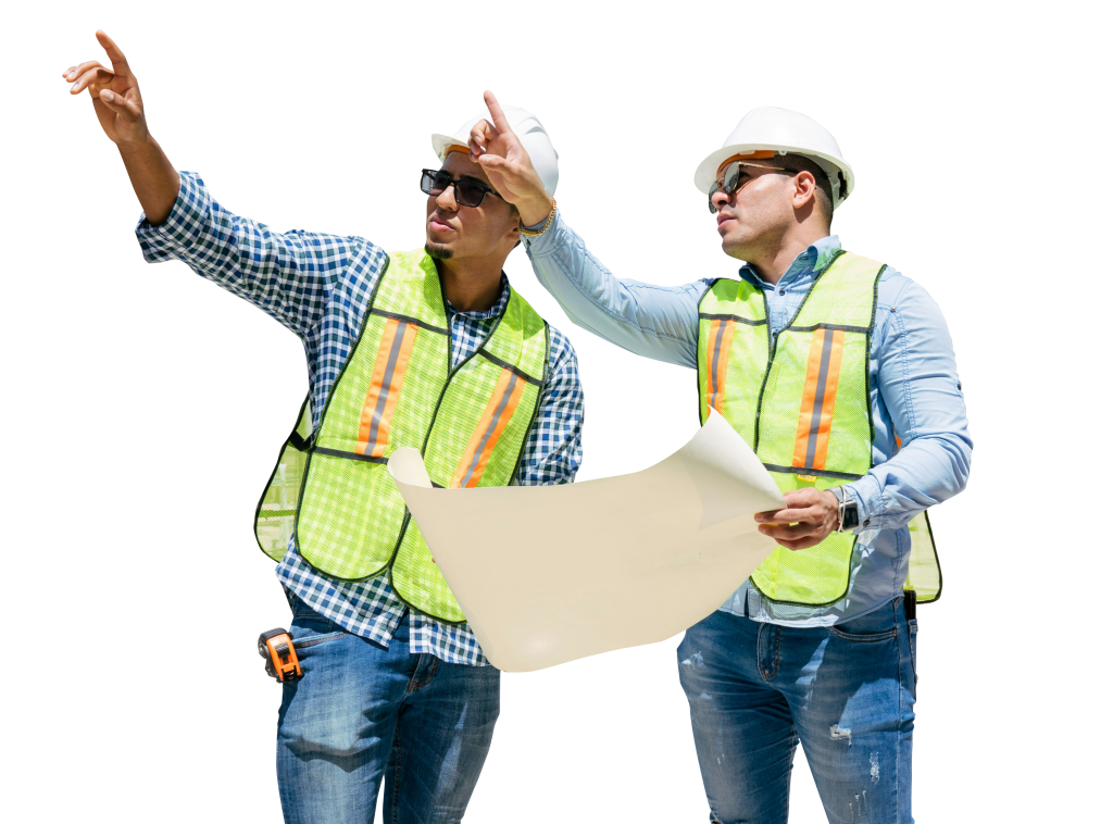 Engineer & Architect consulting about an active construction project in front of rebar-cut out