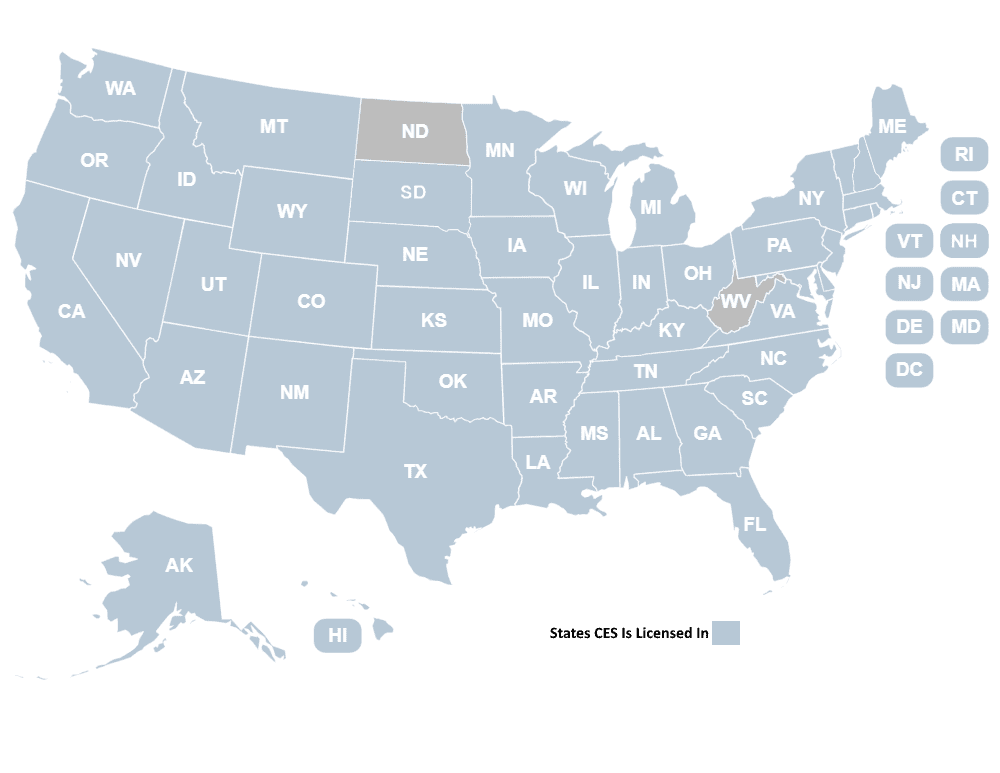 United States map showing the states that Childress Engineering Services has licenses