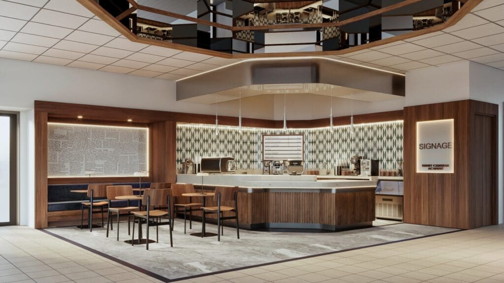 Modern coffee shop with geometric tile backsplash, wooden furniture, and a central coffee counter under a hexagonal ceiling feature. Seating includes tables, chairs, and a built-in booth—perfect for Trinity Christian Academy students and staff.