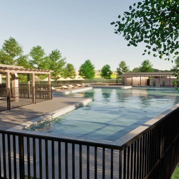 Lexington Amenity Center swimming pool area CES rendering surrounded by a black metal fence, with lounge chairs, metal and wood awning structures, and trees in the background under a clear sky