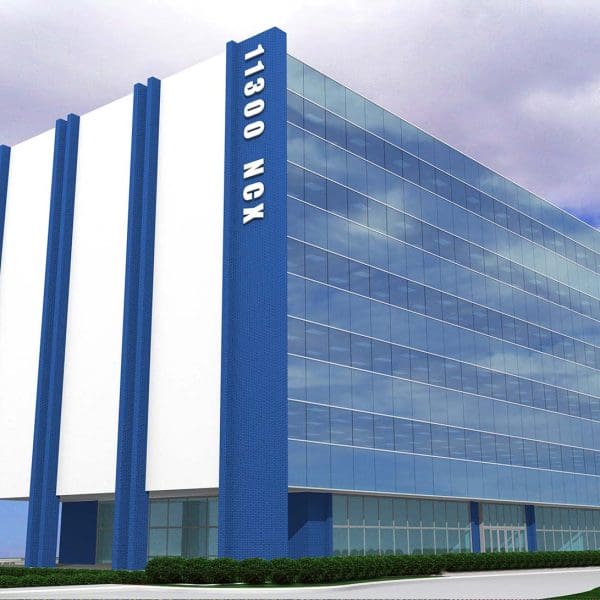 Architectural rendering of the proposed building renovation, showcasing a modern blue and white glass curtainwall facade with vertical '11300 NCX' branding on the corner