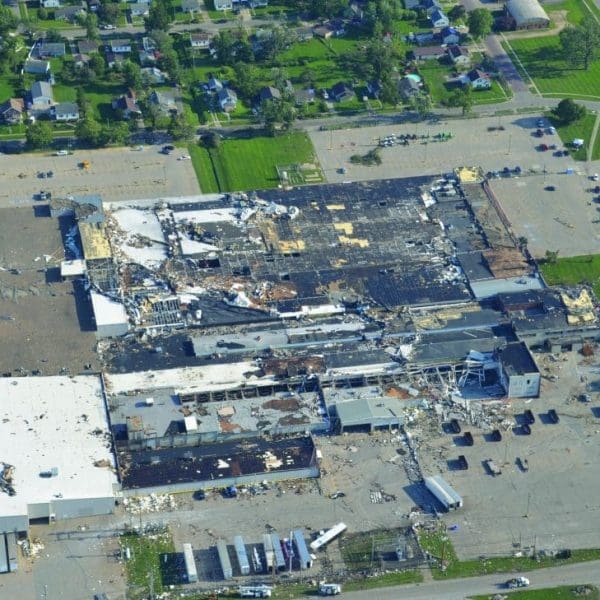 Lennox in Marshaltown, IA, after tornado damage during 2018, overview shot to assess damage