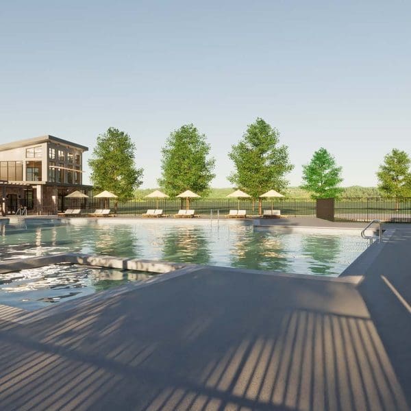 Lexington Amenity Center outdoor swimming pool area rendering with lounging structure and a metal and stone two-story building in the background